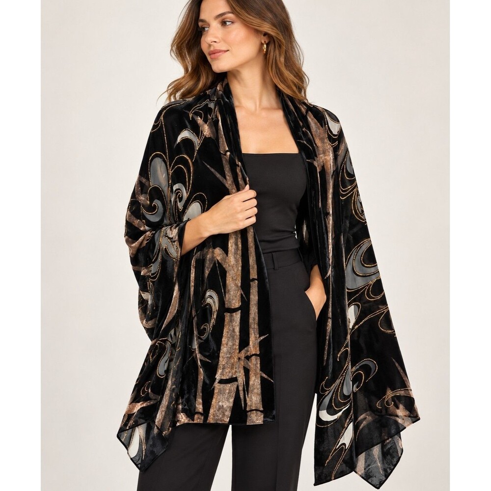 Art Nouveau Velvet Burnout Silk Blend Scarf Wrap Black Gold 68x20